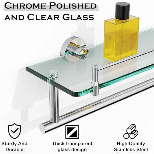24-Inch Floating Tempered Glass Bathroom Shelf with Towel Bar - Chrome Polished & Stainless Steel, Wall Mount