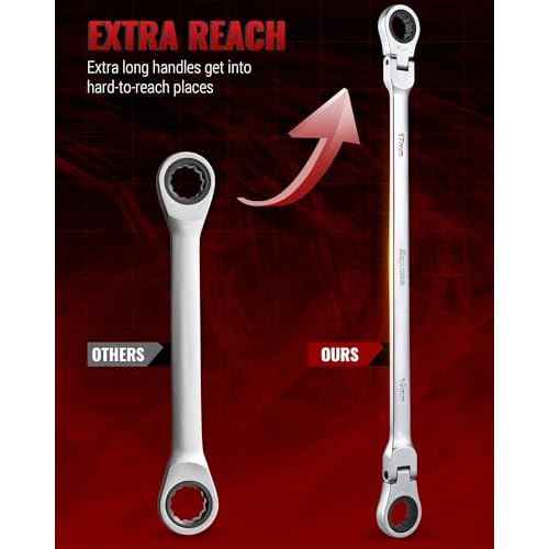 6 Pcs 8-19 mm Extra Long Ratcheting Wrench Set, 6-Piece Flex Head Ratcheting Wrench Kit, Metric Double Box End Wrench with 72-Teeth & 12 Point