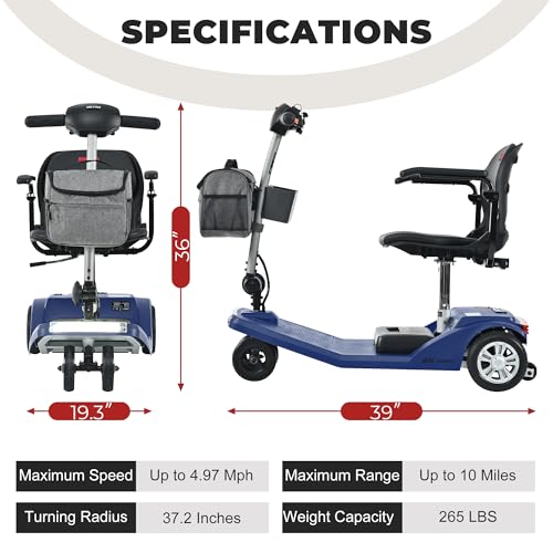 Metro Mobility Powered Mobility Scooters, 4 Wheel Mobility Scooters for Adults 265 lbs Folding Mobility Scooter Lightweight Headlight Electric Scooters for Seniors 10 Miles with USB Charger Port Blue