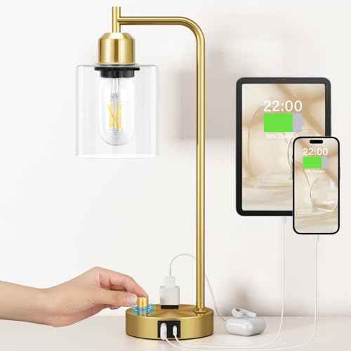 Innqoo Gold Table Lamp for Bedroom - Industrial Bedside Lamp with USB Port and Outlet, Fully Dimmable Nightstand Lamp with Clear Glass Shade, Small Desk Lamps for Home Office