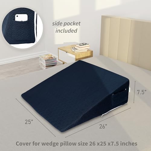 Wedge Pillow Cover for 26x25x7.5 Bed Wedge Pillow, Hypoallergenic, Replacement Pillowcase Cover with Zipper & Pockets, Navy Blue