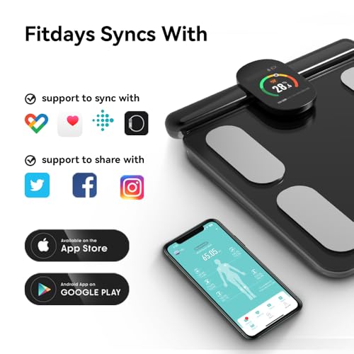 Fitdays Smart Body Fat Scale | Advanced 8-Electrode Technology for BMI/20+ Body Metrics | Full-Color LED & High Precision | Bathroom Weight Scale for Fitness/Weight Loss (FG2305ULB-Black)
