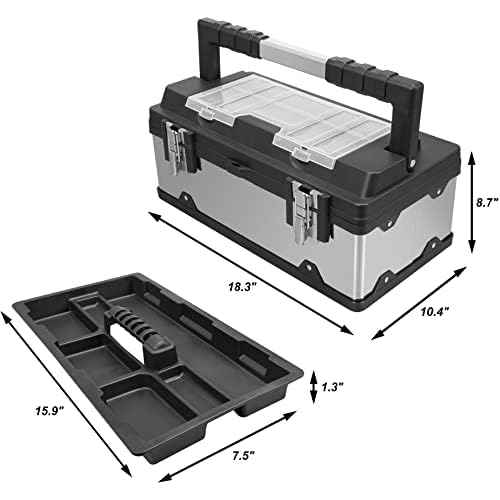Torin 19-Inch Tool Box Storage Organizer Stainless Steel&Plastic Portable Toolbox with Long Handle and Removable Tray for Home Garage Workshop,A5519BB