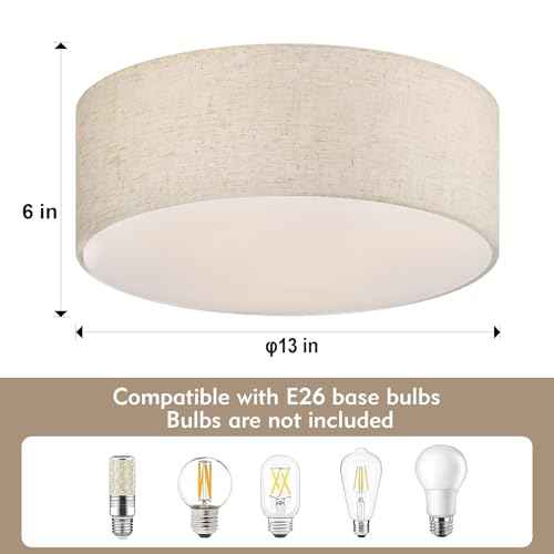 3-Light Ceiling Light Fixture, 13" Drum Flush Mount Ceiling Light, Modern Close to Ceiling Lights with Fabric Linen Shade for Hallway Bedroom Kitchen Dining Living Room