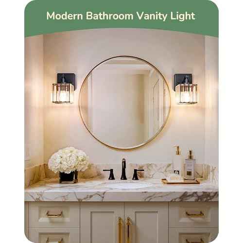 EDISHINE Bathroom Light Fixtures, Modern Wall Sconces Set of Two, Crystal Bathroom Vanity Llight, Indoor Lighting Fixtures Over Mirror, Black Wall Lamp for Bedroom