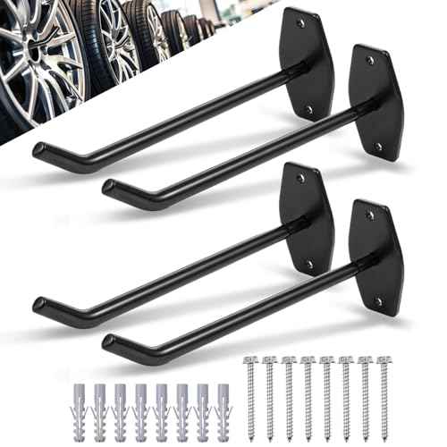 4-Pack Tire Rack Wall Mount, Heavy Duty Hooks for Storage - Garage Storage Hooks Wall Mount for Ladders, Tools & Bulk Items (88 lbs Capacity, 10"x 3.5" Black Iron)