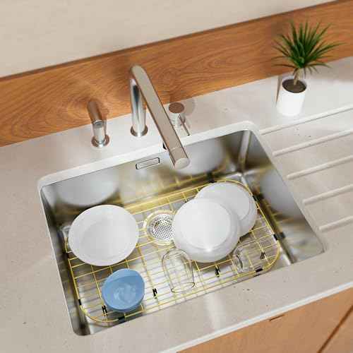 Gold Large 26" x 14" Kitchen Sink Grid,Sink Protector for Kitchen Sink,Stainless Steel Sink Rack with strainer,sink grate for Bottom of Sink,Rear Drain with Corner Radius,Stainless Steel