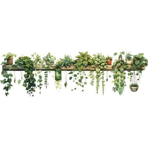 Nature Green Plants Peel and Stick Wall Decals Wallpaper, Removable Wall Decals Shelves Green Plants Vinyl Art Wall Stickers & Murals for Living Room Kitchen Bathroom Decoration (A-Green)
