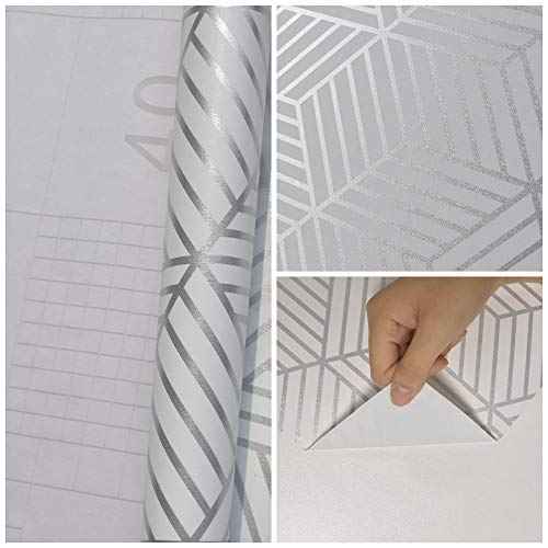 MelunMer White and Silver Peel and Stick Wallpaper Modern 118In L 17.7InW Self Adhesive Removable Wallpaper White Contact Paper for Cabinets Stripe Geometric Contact Paper Hexagon Shelf Liner Vinyl
