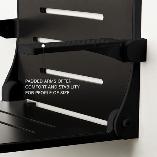 Seachrome Silhouette Comfort Folding Wall Mount Shower Bench Seat with Arms, Black Seat with Matte Black Frame