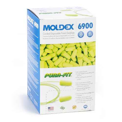 Moldex Pura-Fit Foam Earplugs ? Soft, Comfortable, Corded, Disposable Ear Plugs, NRR 33dB Noise Reduction for Hearing Protection, Bright Green, Made in USA, 100 Pairs, 6900
