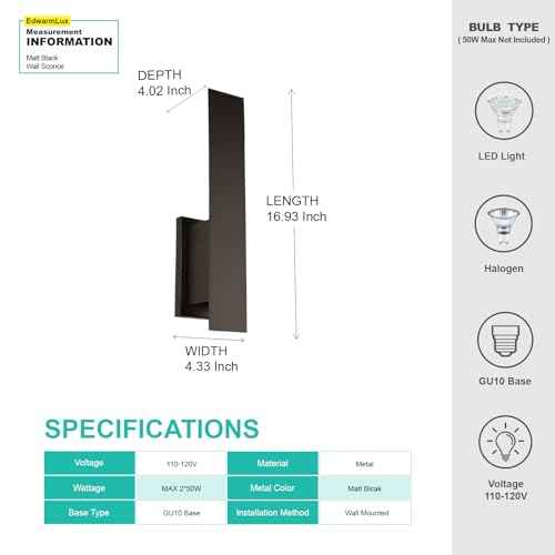 Indoor Wall Sconces, Modern Wall Lights, Up and Down Wall Mount Light, Dimmable Hardwired Wall Light for Bedroom, Living Room, Hallway, GU10 Bulbs Excluded, 2 Pack (Matt Black)