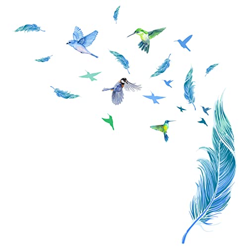 Blue Feathers Wall Decor Stickers, Creative Hummingbird Feather Window Peel and Stick Wallpaper Deacls, DIY Art Mural for Living Room Bedroom Kitchen Laundry Room Classroom
