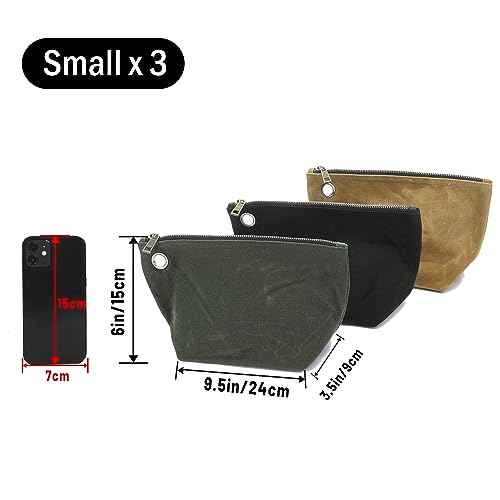 Heavy Duty 16oz Waxed Canvas Tool Storage Bags, Standable One-Piece Tool Organization Pouch - 3 Pack Pouches with Brass Zipper & Grommet (Small)