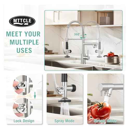 Commercial Kitchen Faucet with Pull Down Sprayer, Stainless Steel Kitchen Sink Faucet with Deck Plate, Single Handle Spring Kitchen Faucets (Brush Nickel)