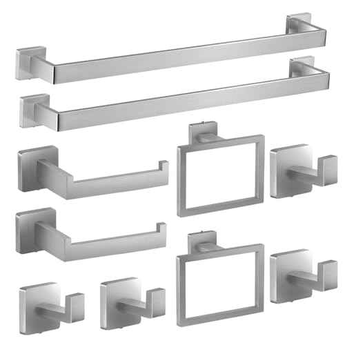 Square Bathroom Hardware Set, Bathroom Accessories Set10 Pieces Includs 16 inch Towel bar, Square Towel Ring, Toilet Paper Holder, Towel Hook (Brushed Nickel-10PCS-16Inch)