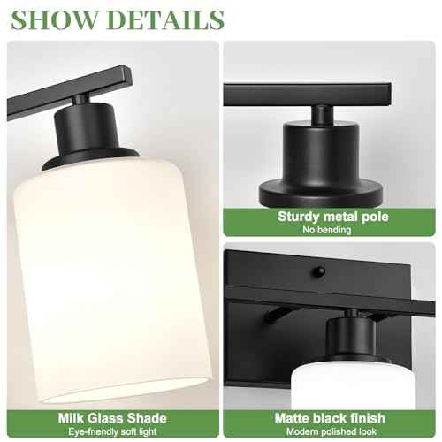 3-Light Bathroom Light Fixtures, Vanity Light with Milky White Shades, Matte Black Bathroom Light Fixtures Over Mirror, Modern Bathroom Wall Lamp for Mirror Living Room Cabinet Bedroom