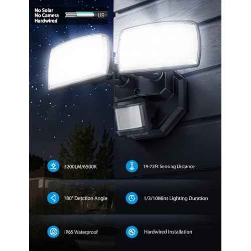 Onforu 32W 2 Head Motion Sensor Outdoor Lights, 3200LM 6500K Hardwired LED Security Light, Dusk to Dawn, Motion Detector Light for Outside, 2 Pack IP65 Waterproof Flood Lights for Garage, Yard(Black)