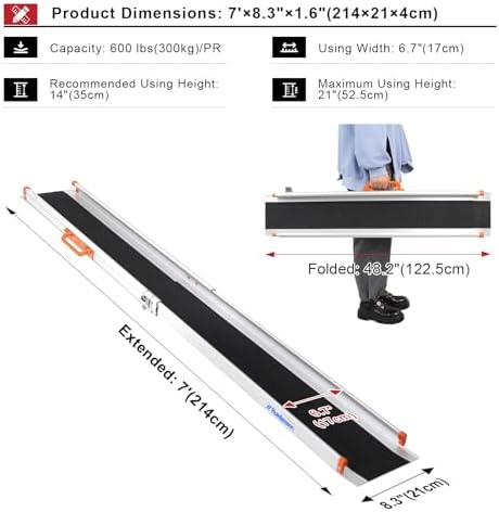 Ruedamann Portable Wheelchair Ramp, 7FT Adjustable Aluminum Ramp for Home, 600lbs Capacity,Telescoping Non-Skid Surface Wheel Chair Ramp for Home, Stairs, Steps