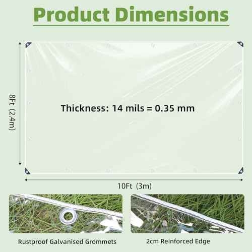 8x10ft Clear Plastic Tarps Heavy Duty Waterproof, 14 Mil PVC Vinyl Clear Tarps with Grommets, Winter Pation Porch Enclosure Panel, Transparent Rainproof Canopy Fabric for Outdoor Porche, Chicken Coops