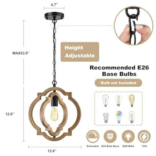 2-Pack Farmhouse Pendant Light Fixtures, Wood Grain Hanging Lights for Kitchen Island, Adjustable Height, E26 Base, Sloped Ceiling Compatible, Rustic Ceiling Light