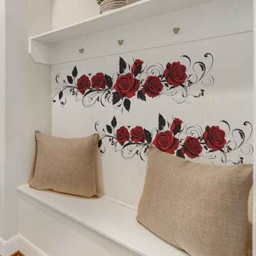 Valentines Wall Decals Valentines Wall Stickers Removable Red Rose Designs Wall Decorations Romantic Stickers for Living Room Bedroom Bathroom Anniversary Party Home Decor 2 Sheets