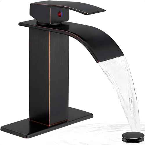 Waterfall Bathroom Faucet Oil Rubbed Bronze, Brass 4 Ins Bathroom Faucets One Hole or 3 Hole, Single Handle with Deck Plate, Pop-up Drain & Water Hose