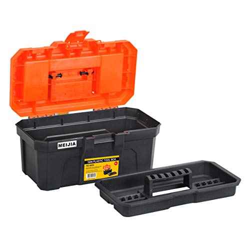 MEIJIA Portable Tool Storage Box, Organizers With Foldable Latches And Removable Tray(Black And Orange) (16"x9"x8")