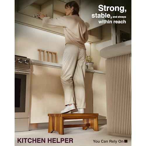 Extra Wide 26in Wooden Step Stool, Heavy Duty One Step Stool for Adults and Seniors, Holds Up to 550 lbs, Reinforced Cross Bar, Non-Skid Surface, Multipurpose Use for Kitchen, Bathroom, Bedroom