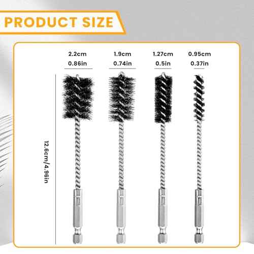 4 Pcs Copper Tube Pipe Cleaner Drill Brush, Stainless Steel Drill Wire Bore Cleaning Brushes 1/4" Hex Shank for Power Drills, Impact Drivers (9/12/19/22mm)