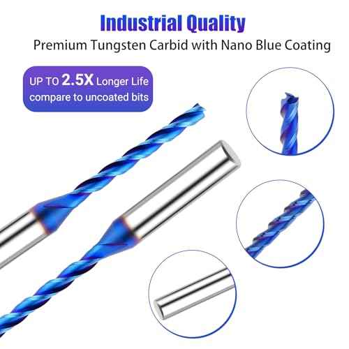 1/8 inch Extra Long CNC Router Bits 1/4 inch Shank 1/8'' Cutting Dia Spiral Upcut CNC Bits, 4PCS 3-Flutes Carbide End Mills with Coating Spiral Router Bits for Wood PVC Engraving