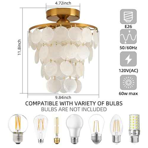 Capiz Shell Ceiling Light Fixture Modern Gold Semi Flush Mount Ceiling Lights 11.8Inch Small Chandelier for Entryway Bedroom