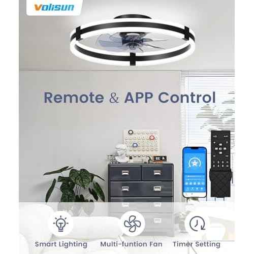 VOLISUN Ceiling Fans with Lights and Remote, 19.7in Low Profile Ceiling Fans with Light, 3000K-6500K Dimmable Fandelier Ceiling Fan, Black Flush Mount Ceiling Fan for Bedroom