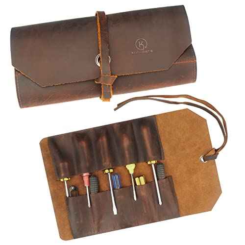 Kosibate Tool Roll Up Bag,Leather Tool Chisel Bag/Wrench Roll Pouch,Portable Woodworking Organizer Tote