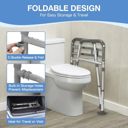 TABEKE Toilet Safety Rails for Seniors, Adjustable Height & Width Toilet Safety Frames with Handles, Foldable Toilet Rails for Disabled Elderly Fit Most Toilets (w. Suction Cups)