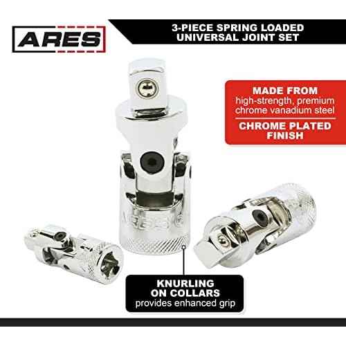 ARES 37000-3-Piece Spring Loaded Universal Joint Set ? Spring Loaded Tension Keeps U-Joint In Position at Odd Angles - 1/4-Inch, 3/8-Inch, and 1/2-Inch Drive