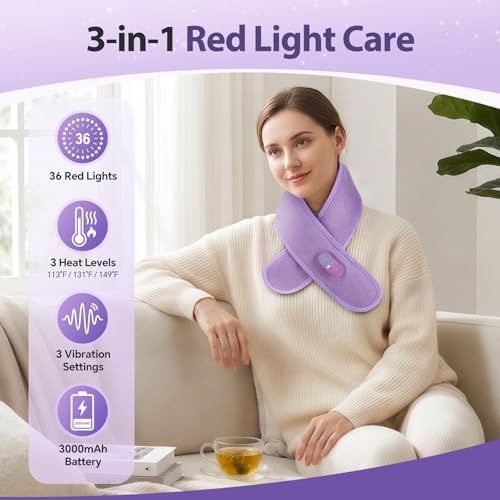 Cordless Neck Heating Pad for Pain, Neck Massager with 660nm 850nm Red Light, Heated Neck Wrap with 3000mAh Rechargeable, 3 Levels Heat & Massage, Purple