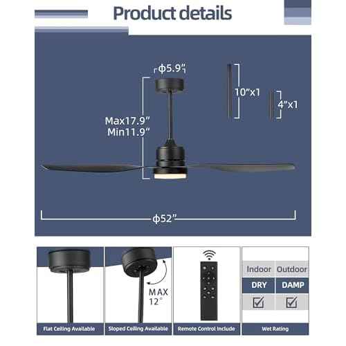 YOUKAIN 52 Inch Indoor/Outdoor Modern Ceiling Fan with Lights and Remote Control, Reversible Blades, for Living room, Bedroom, Bathroom, Matte Black, 52-YJ359-BK