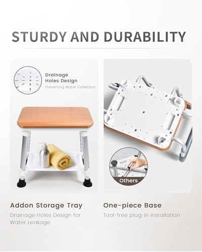 Sangohe Shower Chair for Inside Shower, Shower Chair with Wood Seat Board and Back, Height Adjustable Shower Stool for Elderly and Disabled, 400 lbs Heavy Duty Shower Seat for Seniors, 796D-B
