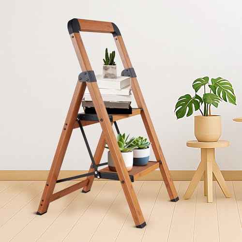 Step Ladders Folding 2-Step Woodgrain Finish Aluminum Foldable Step Stool,Anti-Slip Portable Sturdy for Home & Kitchen Office 330 lbs
