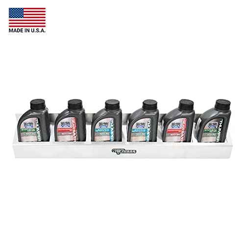 Pit Posse 304 Six Quart Oil Can Rack Holder 32" Caddy Wall Hanger Aluminum Shelf - Made in USA - Holds 6 Quarts of Motor Engine Oil - Enclosed Race Trailer Shop Garage Storage Organizer (Silver)