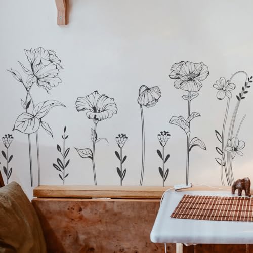 Runtoo Black and White Flower Wall Decals Simple Floral Boho Wall Stickers Bedroom Living Room Office Adult Home Decor