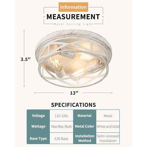 2 Pack Close to Ceiling Light Fixtures, 3-Lights Cage Flush Mount Ceiling Light, 13 Inch White and Gold Semi Flush Mount Ceiling Light for House Bedroom Laundry Hallway Kitchen