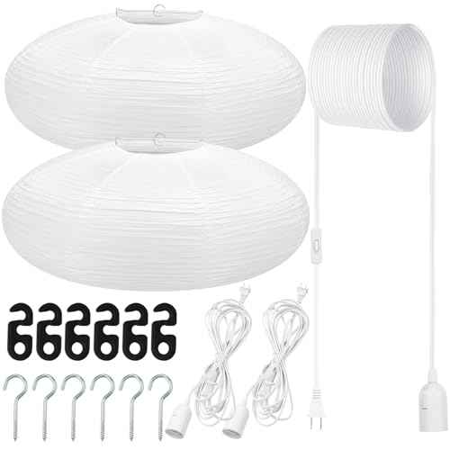 2 Sets Jumbo Paper Lanterns with Lamp Cord Cable White Hanging Paper Lanterns Chinese Japanese Pendant Hanging Lamp for Birthday Wedding Bridal Anniversary Party Decoration (Oval,22 Inch)