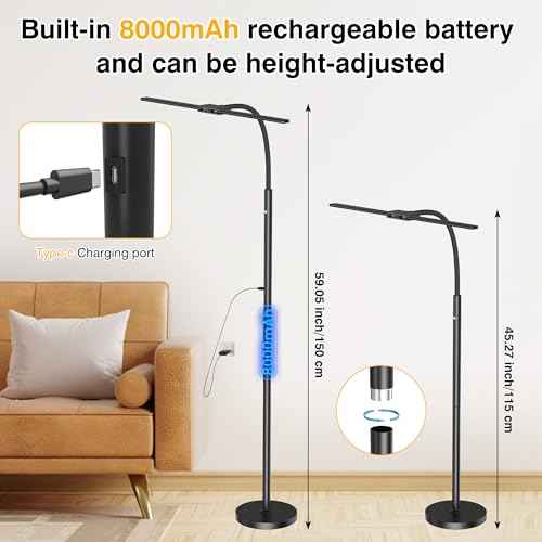 Cordless Rechargeable Floor Lamp, Adjustable Bright Reading Lamps Floor Standing, 15W Dual Head Gooseneck LED Bright Floor Lamp for Dark Rooms with 8000mAh Battery£¬ IP54 Home Lighting