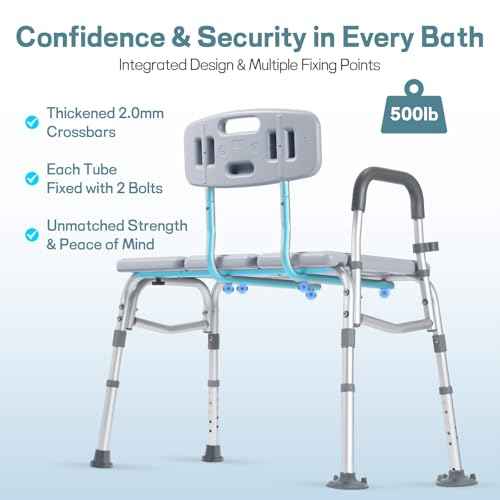 TABEKE Tub Transfer Bench for Bathtub, 500lb Shower Chair with Backrest & Armrest, Height Adjustable Shower Bench, Tool Free Assembly Shower Seat for Elderly and Disabled-Gray