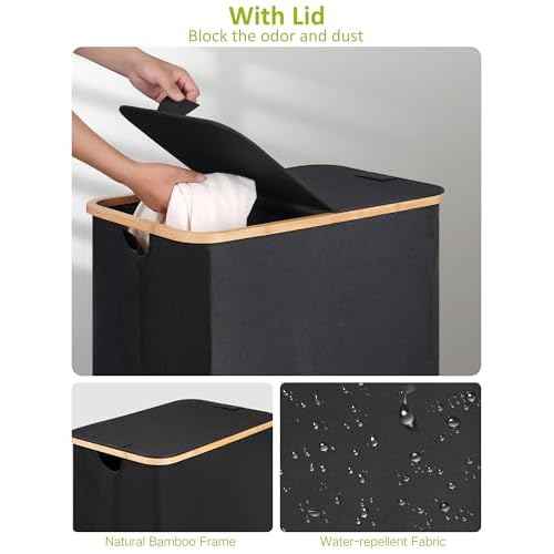 efluky Double Laundry Hamper with Wheels, Divided Laundry Hamper with Removable Bags, 2 Section Dirty Clothes Basket with Handles for Bathroom, Bedroom & Laundry Room, 160L Dark Black