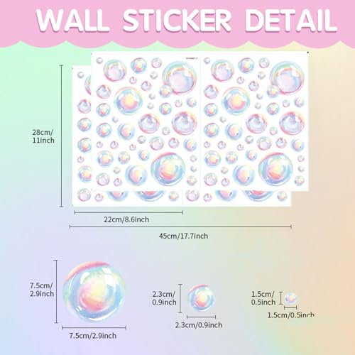 56pcs Rainbow Bubble Wall Decal Stickers Background Decor for Sea Ocean Theme Party Birthday Water Bath Mirror Decorations for Bathroom Peel and Stick Removable Vinyl Stickers(Bubbles)
