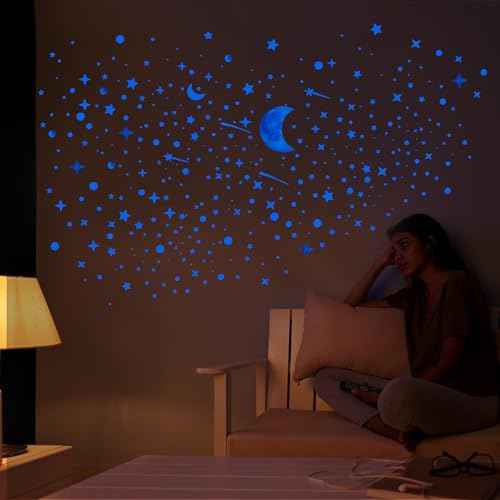 561pcs Glow in The Dark Stars Half Moon Wall Decals for Ceiling Living Room Kids Bedroom Luminous Planet Meteor Dots Stickers DIY Decoration (Half Moon-Blue)