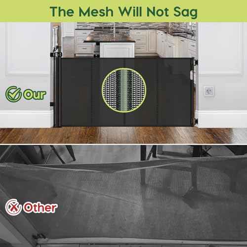 Reinforced 55" Wide Retractable Baby Gates with Reinforced Strips, Indoor/Outdoor Retractable Dog Gate for Doorway Prevent Bottom Drilling Through, No Bottom Bar Safety Mesh Baby Gate for Stair, Black